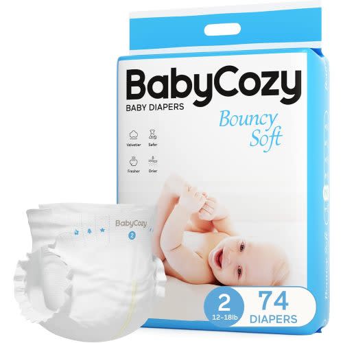 Newborn Baby Diapers Size 2(12-18lb) 74 Count Babycozy Bouncy Soft Diapers Hypoallergenic, Dry Disposable Diapers with Softer Touch 0.8D Diaper &10 Micron Velvet Fiber to Protect Sensitive Infant Skin