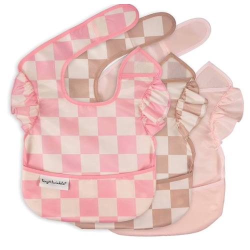 Tiny Twinkle Mess-Proof Baby Bibs for Eating | Waterproof, Wipeable Toddler Bibs with Catch-All Pocket | Feeding Bibs for Girls & Boys(3 Pack,Checkers Girl)