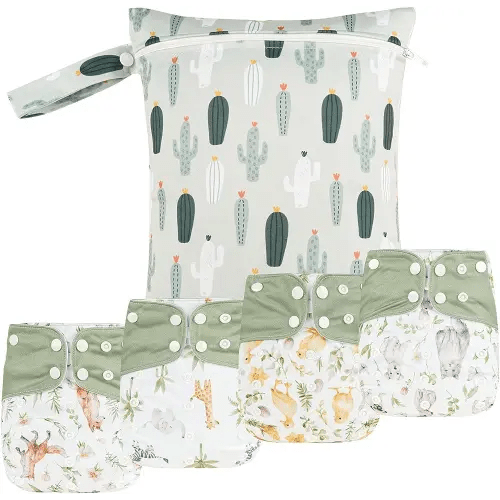 HappyFlute 9 Sets Newborn Baby Cloth Pocket Diapers Adjustable Reusable for Baby Boys and Girls(6-33 pounds,0-3 Years),One Wet Bag+4Diapers and 4Inserts (AD10)