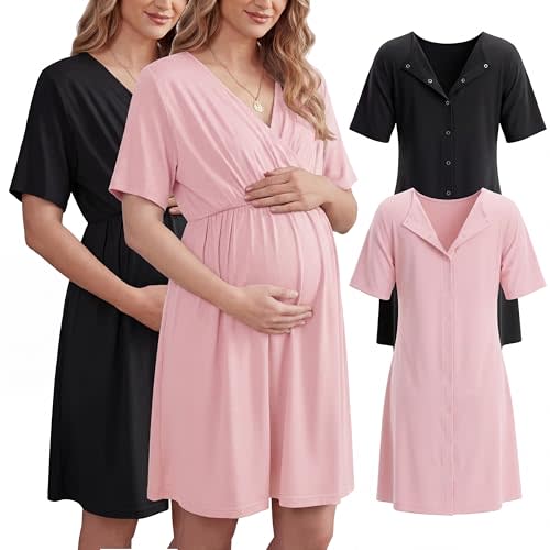 Cutecrop 2 Pack Labor and Delivery Gown for Hospital Maternity Nursing Short Sleeve Gown Button Back Birth Recovery Sleepwear