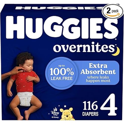 Huggies Size 4 Overnites Baby Diapers: Overnight Diapers, Size 4 (22-37 lbs), 116 Ct (2 Packs of 58), Packaging May Vary