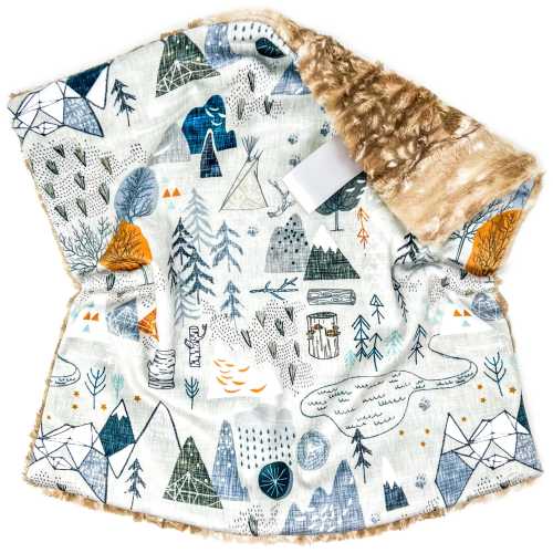Lovey: Max's Map. Lovie. Minky. Soft. Adventure. Minky. Blue. Gray. Boy. Neutral. Camping. Nature. Trees. Mountains. Hiking. Baby Gift.