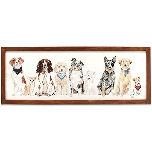 Dogs in a Row Framed Wood Wall Decor - Adorable Dog Wall Art for Living Room, Bedroom or Hallway