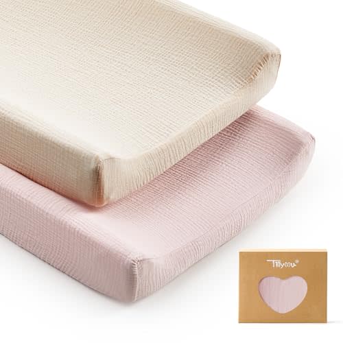 TILLYOU Muslin Changing Pad Cover for Baby Girls Boys, Soft and Breathable Cotton Diaper Changing Table Cover, 2 Pack(Pink&Apricot)