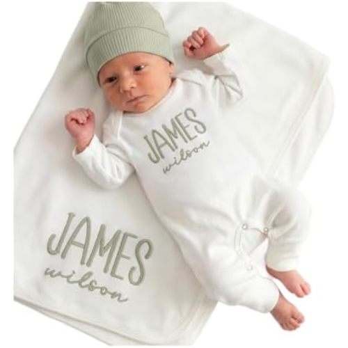 Linkababy Personalized Baby Boy Coming Home Outfit, 100% Cotton Embroidered Romper, Hat, Blanket, Baby Showers, Newborn 0-3M