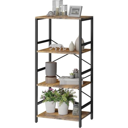 Whitmor 4 Tier Bookshelf - Small Book Shelf Industrial Bookcase, Metal Book Case Book Storage Organizer for CD/Movie/Book, Bookshelves for Bedroom Office Living Room Berry Brown