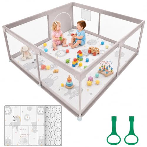 ZEEBABA Baby Playpen with Mat, Small Playpen with Soft Mat for Babies and Toddlers, 47×47inch Play Pen Playards Safety Gate Fence Active Center Indoor