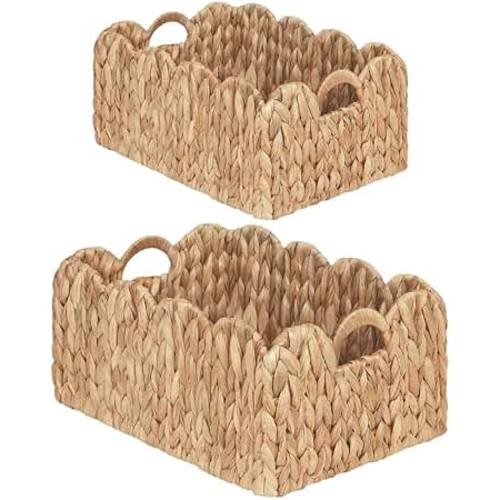 Amazon.com: iEGrow Scalloped Wicker Basket, Set of 2 Woven Rattan Natural Water Hyacinth Baskets with Built-in Handles, Rectangle Storage Baskets for Organizing, Decor, Shelf and Nursery Room