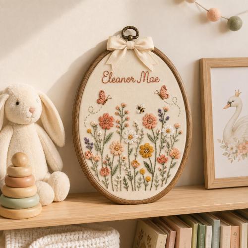 Personalized Floral Butterfly Baby Name Sign, Custom Embroidered Nursery Ornament, Oval Floral Name Hoop,Newborn Wall Art, Baby Shower Gift