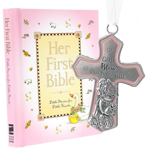 elskandi Baby Girl First Bible & Catholic Baptism Gift Set – Pink “Her First Bible” & Crib Cross with God Bless Our Baby Girl – Christening Keepsake from Godparents, Dedication or Newborn Girl Gift