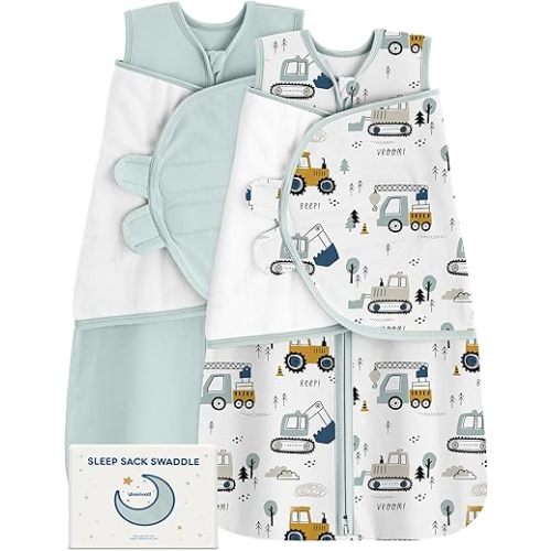 Baby Sleep Sack Swaddle 0-3 Months Swaddles for Newborns 100% Cotton Newborn Swaddle Sack 2 Pack for Baby Boy Girl White Green Excavator