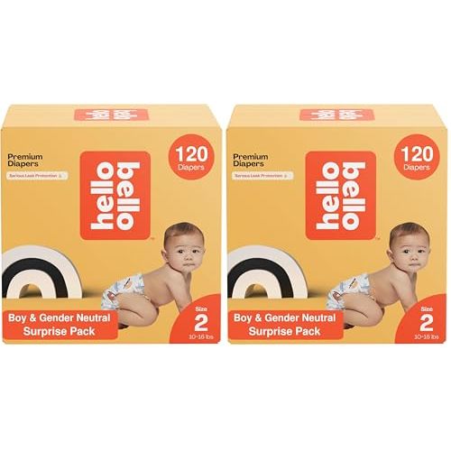 Hello Bello Diapers, Size 2 (10-16 lbs) Surprise Pack for Boys - 120 Count of Premium Disposable Baby Diapers, Hypoallergenic with Soft, Cloth-Like Feel - Assorted Boy & Gender Neutral Patterns 160002