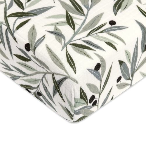 Babyletto 100% Organic Cotton Crib Sheet, GOTS-Certified, Fitted 360°, Ultra-Soft and Breathable Muslin - Olive Branches