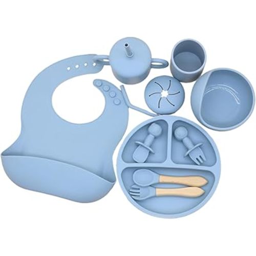Silicone Baby Feeding Set Whimsy Blue Infant Tableware Collection with Bib Suction Bowl Utensils Straw Cup Snack Container