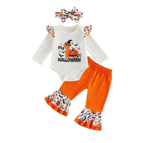 Loicainy Infant Baby Girl Halloween Outfit 3 6 9 12 18 Months Letter Pumpkin Print Crew Neck Long Sleeve Rompers Bell-Bottoms Pants Headband 3Pcs Clothes Set