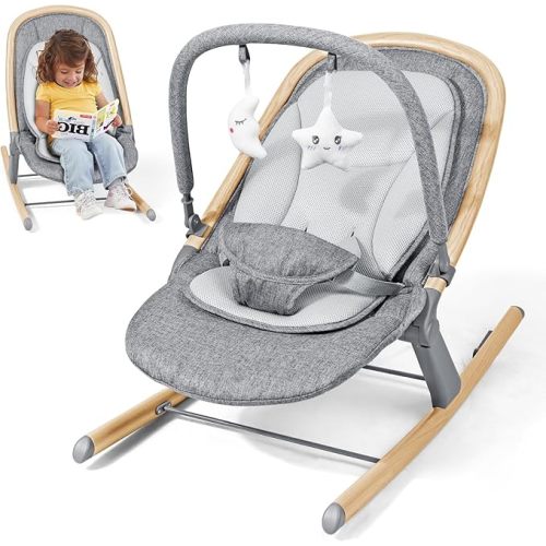 Orzbow Baby Bouncer Seat & Infant to Toddler Rocker with 3 Recline Positions, Includes Removable Play Bar & Mesh Cushion, Detachable and Foldable, Fits Newborn 0-30 Months Up to 40 lbs, Wood Grain
