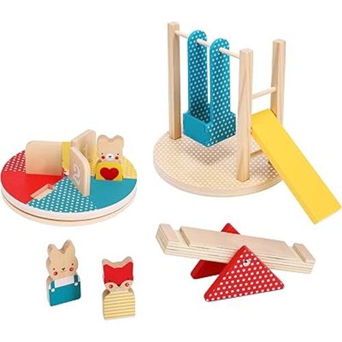 Petit Collage: at The Park Wooden Playset - Wooden Playset for Ages 12mo+ - Includes 4 Moveable Park Rides and 3 Animal Characters - Made with FSC Wood - Makes a Great Gift Idea