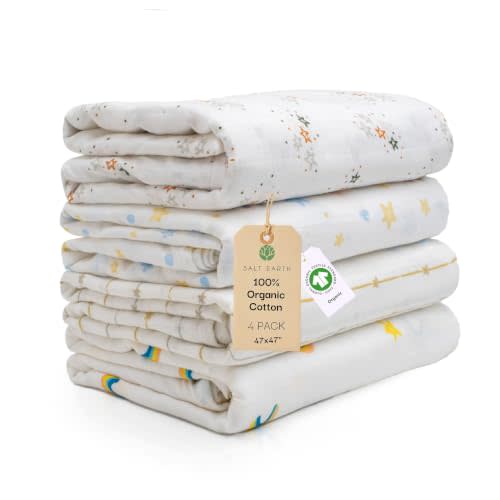 47"x 47" GOTS 100% Organic Cotton Swaddle Blanket 4 Pack (Star/Rainbow) | Salt Earth Organic 2 Layer Baby Blanket,Receiving Blankets, Swaddling, Wrap for Boy & Girl, Newborn Baby Essentials, Registry