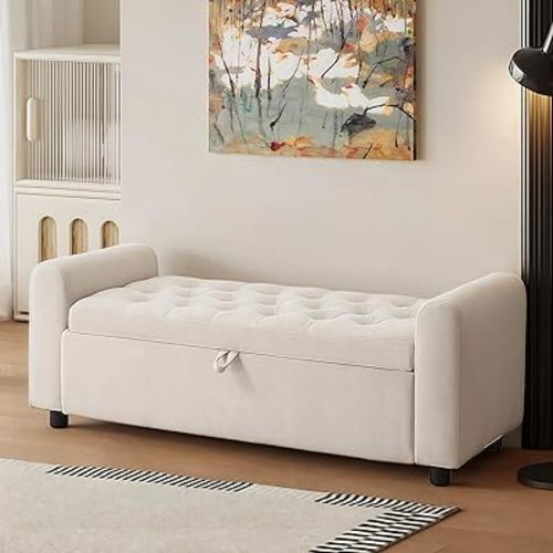 48" Ottoman with Storage, Tufted Storage Ottoman Bench, Convenient Living Room Fabrics Bench Seat, Entryway Shoe Benches with Inner Zipper & Arm, Rivetless Upholstered Window Seat Ottomans, Beige
