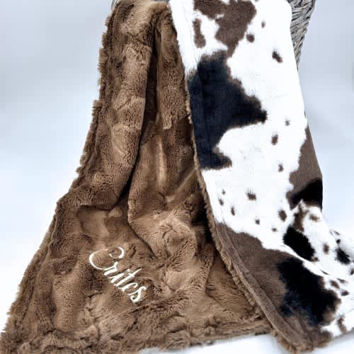 Personalized plush cowhide minky baby blanket Western nursery Newborn baby gift soft cowboy shower idea for new mom with cow embroidery