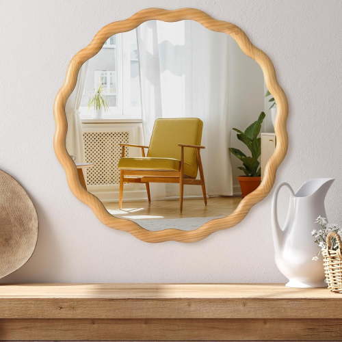 Perfnique Round Wavy Mirror, 24'' Wood Framed Circle Mirrors for Wall Decor, Tempered Glass Scalloped Mirror for Bedroom Living Room Entryway Nursery Decorative
