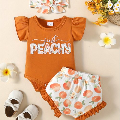 Infant Baby Girl Summer Jumpsuit Set Letter Embroidery Fly Sleeve Romper with Shorts and Bow Headband, for Outdoor