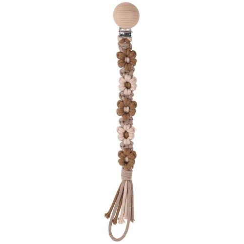 Pacifier Clip for Boys Girls Floral Daisy Macrame Baby Paci Clip Pacifier Holder Leash Boho Wooden Clips Handmade Braided Cotton Binky Clips (1pack:Maillard Style)