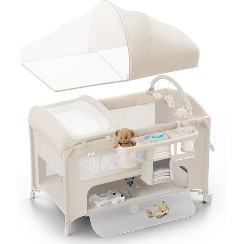 4 in 1 Baby Bassinet, Pack and Play, Bedside Crib Sleeper, Diaper Changer - Comes with Mattress, Mosquito Net, Bottom Storage and Toy Bar for Newborn to Toddles