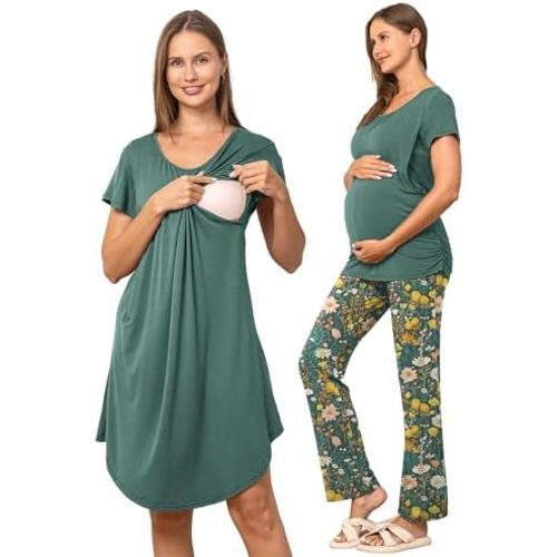 SUNNYBUY Women 3 PCS Maternity Nursing Nightgown Dress & Short Sleeve Breastfeeding Top & Pregnancy Pants Sleepwear Set