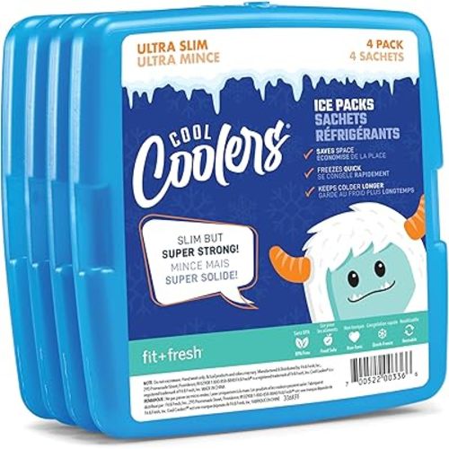 Cool Coolers by Fit + Fresh, 4 Pack Slim Ice Packs, Space Saving Reusable Ice Packs for Lunch Boxes or Coolers