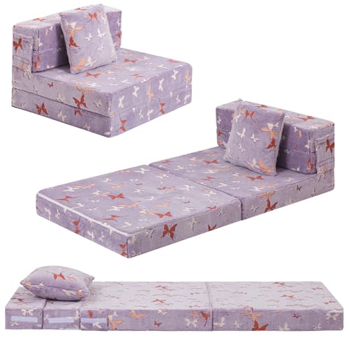 MeMoreCool Foldable Futon Chair Bed for Kids, Glow Tri-fold Sofa Bed Convertible Toddler Sofa Mattress, Foam Floor Couch for Sitting, Purple