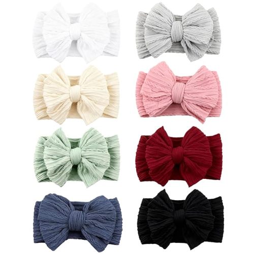 8 Pcs Baby Bows Headbands Soft Nylon Hairbands Super Elastic Headband Hair Accessories For Baby Girls Infant Toddler Essentials (8 Color-Warm, Mid)