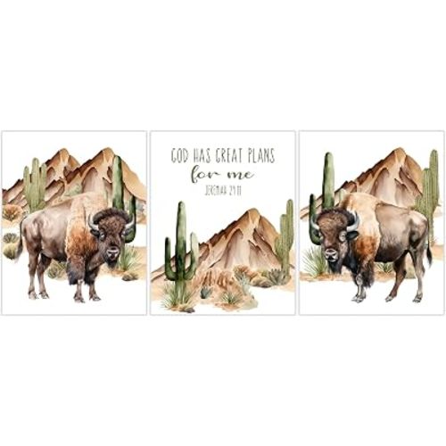 Watercolor Buffalo Nursery or Bison Little Boys Room Set of 3 Unframed Prints, Rustic Outdoor Cactus Boho Themed Decor Christian Jeremiah 29:11
