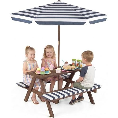 Costzon Kids Picnic Table, Wooden Toddler Outdoor Table & Bench Set with Removable Umbrella & Cushions, Stripe Fabric, Kids Outdoor Furniture for Patio Backyard Garden, Fits 4 Children Age 3+ (Navy)