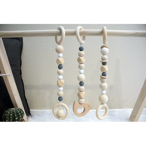Baby Play Gym Toy Set || Hanging Wooden Toys || Baby Wood Organic Accessories || Newborn Activity Hangers || Silicone Modern Natural Play