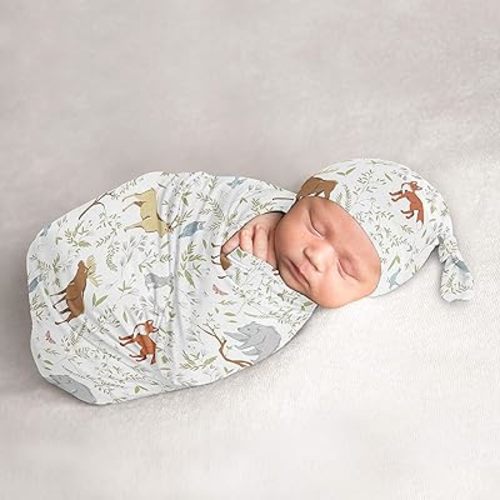 Sweet Jojo Designs Woodland Animal Toile Baby Boy or Girl Cocoon and Beanie Hat 2pc Set Jersey Stretch Knit Sleeping Bag for Infant Newborn Nursery Sleep Wrap Sack - Grey Green Forest Bear Deer Fox