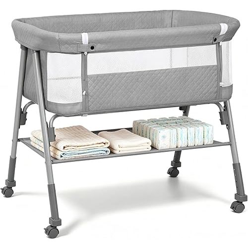 Baby Bassinet, 3-in-1 Baby Bassinets Bedside Sleeper for Newborn with Breathable Mesh, Portable Baby Crib with 4- Adjustable Height, Mattress, Storage Basket & Lockable Wheels, CPSC Grey