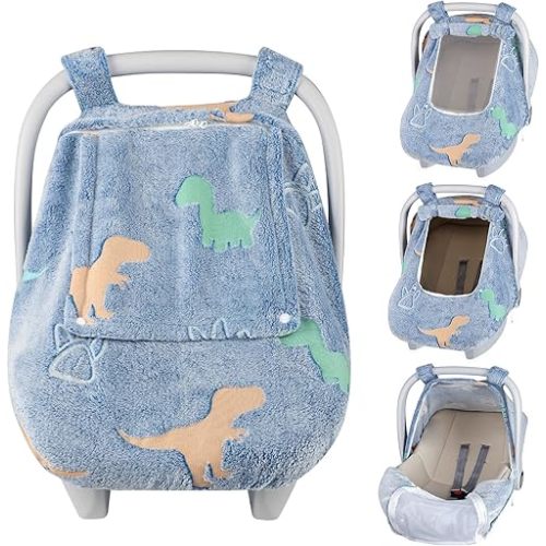 Car Seat Cover Baby Boys Girls, Soft Flannel Infant Carseat Cover with 2 Zipper Windows, Dinosaur Carrier Cover Canopy Glow in The Dark, Comfortable & Machine Washable, Blue