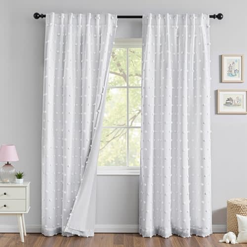 MYSKY HOME White Blackout Curtains for Bedroom 84 Inches Long 100% Light Blocking Drapes for Girls Kids Room Pom Pom Sheer Thermal Insulated Room Darkening Window Panels Back Tab Set of 2, 52W x 84L