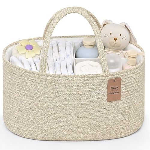 19L Baby Diaper Caddy Organizer, 16.8"x9.8"x9" Cotton Rope Diaper Basket, Changing Table Storage Caddy With Removable Divider, Baby Basket for Nursery, Car, Diapers, Baby Shower Gifts for Newborn