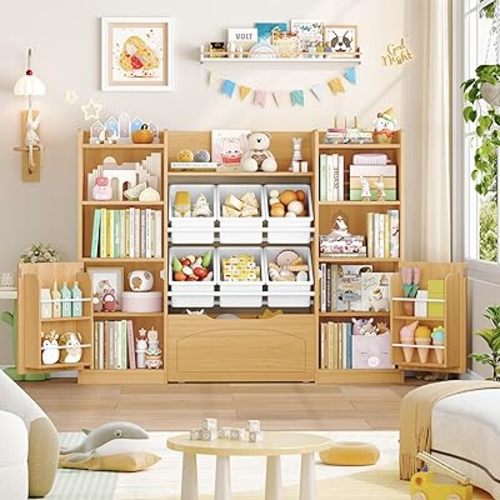 FINETONES Toy Storage Organizer with Removable Bins, 5-in-1 Kids Bookshelf with Movable Chest and Book Shelves Behind The Door, 55” Toy Organizer Playroom with 6 Toy Bins and 8 Storage Cubes, Natural