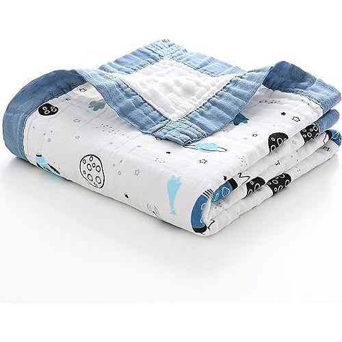 Jay & Ava Soft Cotton Muslin Blanket, 42' x 42', 4 Layers, Toddler & Baby Crib Blanket - Blue Star Space