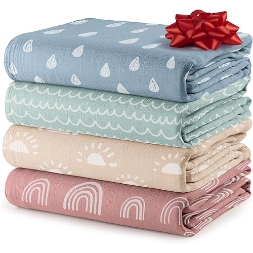 Comfy Cubs Muslin Swaddle Blankets Pack of 4, 47 x 47 Inches, Soft Cotton Baby Blanket Set, Large Multipurpose Swaddling Wraps for Newborns - Self-Soothing Swaddle - Sun, Rainbow, Rain, Doodle