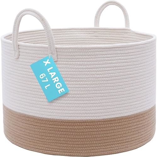 OrganiHaus Large Woven Storage Basket for Blankets and Toys 20" x 13" Inch, Rope Laundry Basket with Handles, Cushions & Pillows Storage Bin, Nursery Hamper, Soft Round Dog Toy Bin - Honey/Off-White