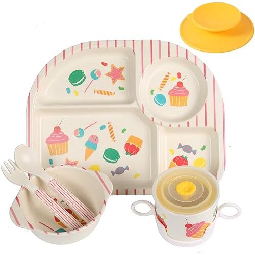 shopwithgreen 7Pcs/Set Bamboo Kids Dinnerware Set - Children Dishes - Food Plate Bowl Cup Spoon Fork Set Dishware, Cartoon Tableware, Dishwasher Safe Kids Healthy Mealtime, BPA Free
