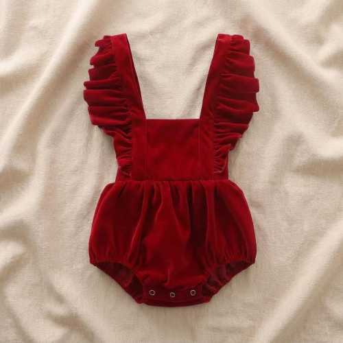 Velvet Baby Girl Romper with Lace Ruffles | Sleeveless Burgundy Jumpsuit | Elegant Holiday & Party Outfit 0–24M