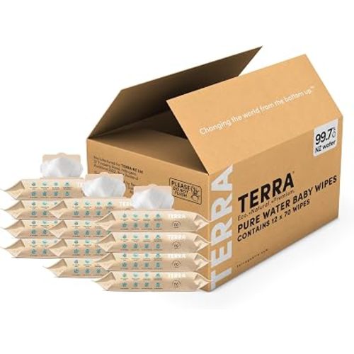 Terra Bamboo Water Baby Wipes: 99.7% Pure New Zealand Water, 100% Biodegradable Bamboo Fiber, 0% Plastic, Unscented Baby Wipes for Sensitive Skin, 12 Packs of 70 Wipes