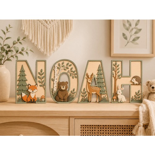 Woodland Forest Letter Name Sign, Personalized Wooden Nursery Letters, Fox Bear Deer Bunny Hedgehog Name Decor, Baby Room Wall Art