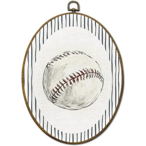 QZQE Retro Baseball Nursery Oval Wall Art Decor Framed, Boy Sports Nursery Oval Canvas Prints, Blue Striped Baseball Wall Hanging Decor for Kids Room Bedroom Playroom, 8.6x11.4 Inch