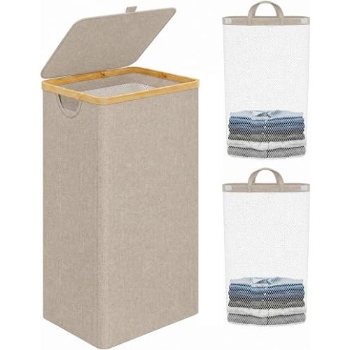 IEGrow Laundry Hamper with Lid,110L Laundry Basket with 2 Mesh Bags,Oatmeal